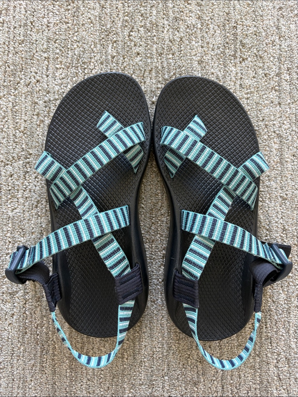 Chaco Black Sandals with Aqua , Black and White Striped Straps